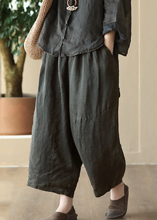 Black Solid Cozy Linen Wide Leg Pants Elastic Waist Summer