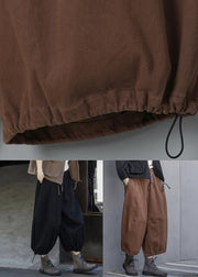 Black Solid Drawstring Cotton Lantern Pants High Waist