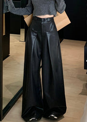 Black Solid Faux Leather Wide Leg Pants High Waist