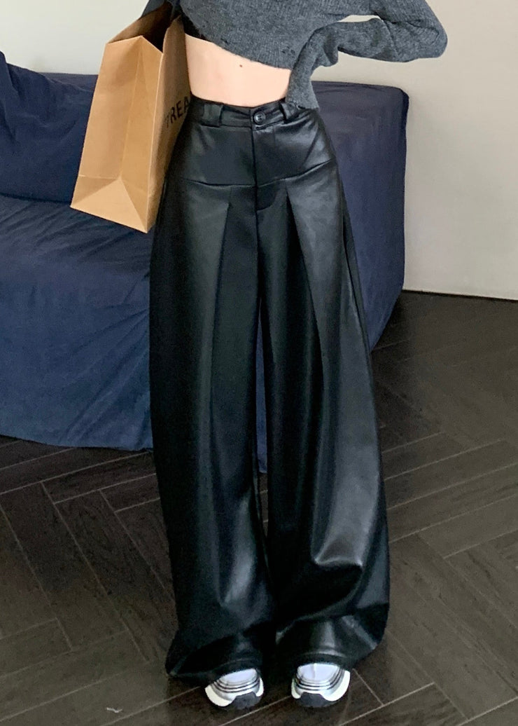 Black Solid Faux Leather Wide Leg Pants High Waist