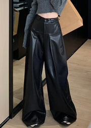 Black Solid Faux Leather Wide Leg Pants High Waist