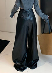 Black Solid Faux Leather Wide Leg Pants High Waist