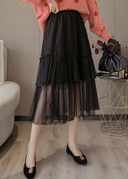 Black Solid Lace Patchwork Chiffon Skirts Elastic Waist