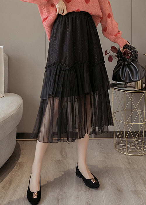 Black Solid Lace Patchwork Chiffon Skirts Elastic Waist