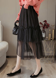 Black Solid Lace Patchwork Chiffon Skirts Elastic Waist