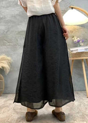 Black Solid Linen Summer Wide Leg Pants High Waist