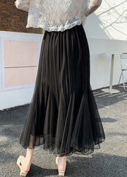 Black Solid Loose Tulle Pleated Skirt Elastic Waist