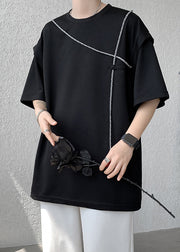 Black Solid Patchwork Cotton T Shirt Men O Neck Short Sleeve