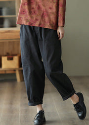 Black Solid Pockets Cotton Crop Pants Elastic Waist