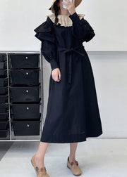 Black Solid Pockets Cotton Dress Ruffled Summer