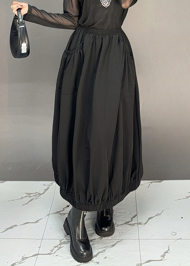 Black Solid Pockets Cotton Fall Skirt Elastic Waist