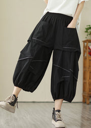 Black Solid Wrinkled Cotton Crop Pants High Waist Summer