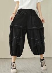 Black Solid Wrinkled Cotton Crop Pants High Waist Summer