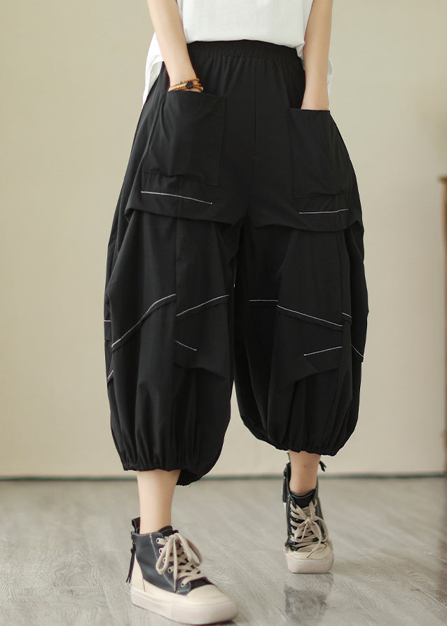 Black Solid Wrinkled Cotton Crop Pants High Waist Summer