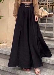 Black Solid Wrinkled Cotton Wide Leg Pants High Waist