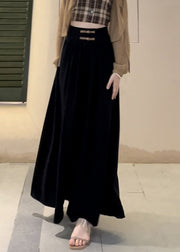 Black Solid Wrinkled Cotton Wide Leg Pants High Waist