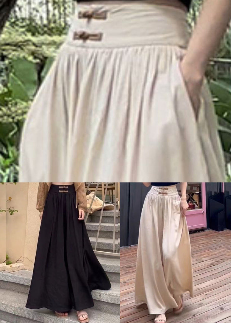 Black Solid Wrinkled Cotton Wide Leg Pants High Waist