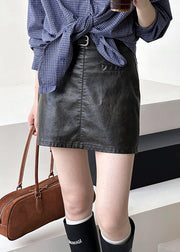 Black Solid Zippered Faux Leather Skirt High Waist