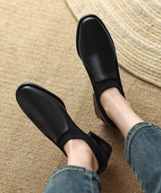 Black Splicing Chunky Heel Cowhide Leather Penny Loafers