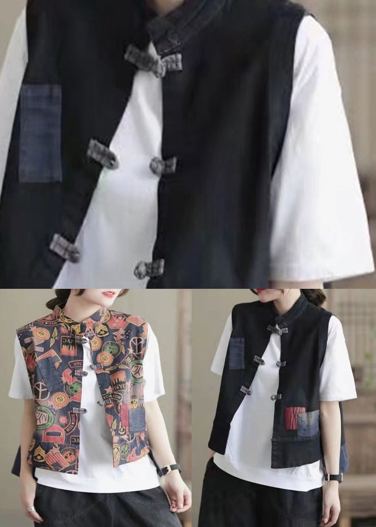 Black Stand Collar Patchwork Print Pockets Waistcoat Sleeveless