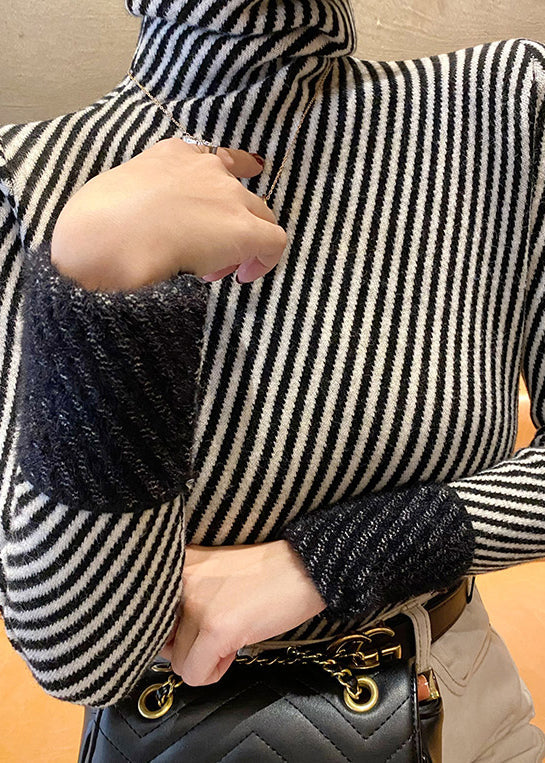 Black Stand Collar Striped Thick Knit Sweater Bottoming Shirt