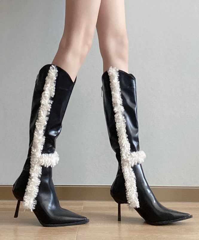 Black Stiletto Faux Leather Teddy Fashion Splicing Boots