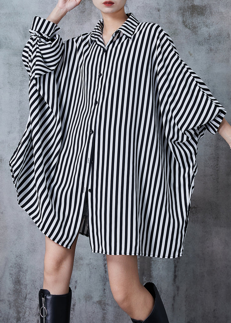 Black Striped Chiffon Shirt Dress Oversized Batwing Sleeve