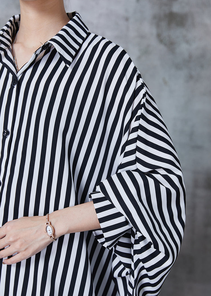 Black Striped Chiffon Shirt Dress Oversized Batwing Sleeve