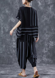 Black Striped Linen Two Pieces Set Oversized Asymmetrical Design Summer