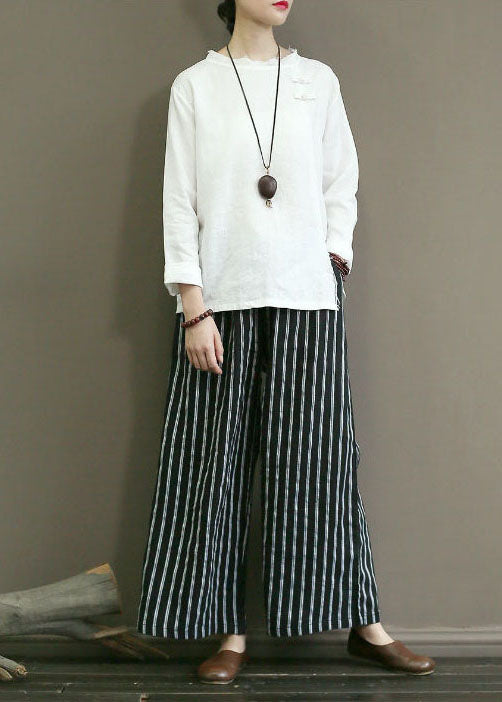 Black-texture Striped Linen Wide Leg Pants Elastic Waist Oversized Summer