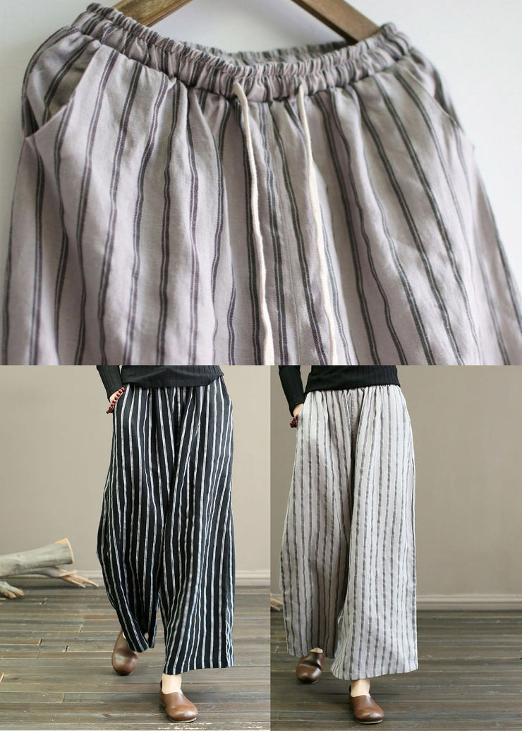 Black-texture Striped Linen Wide Leg Pants Elastic Waist Oversized Summer