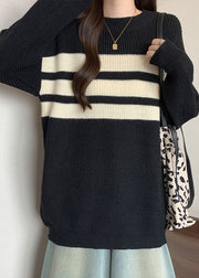 Black Striped Thick Knitted Tops Oversized Fall