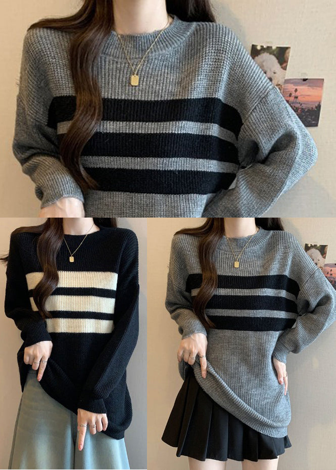 Black Striped Thick Knitted Tops Oversized Fall