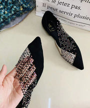 Black Suede Flat Feet Shoes Splicing Tulle Zircon