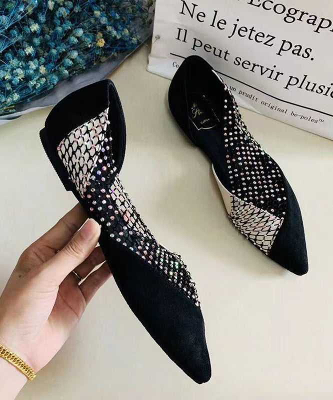 Black Suede Flat Feet Shoes Splicing Tulle Zircon