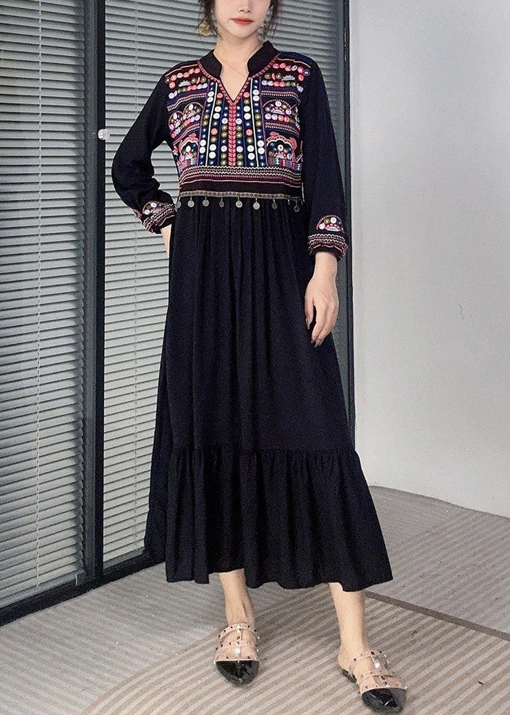 Black Tasseled Solid Cotton Long Dress Embroidered Long Sleeve