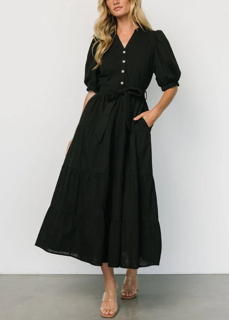 Black Tie Waist Cotton Long Dresses V Neck Short Sleeve