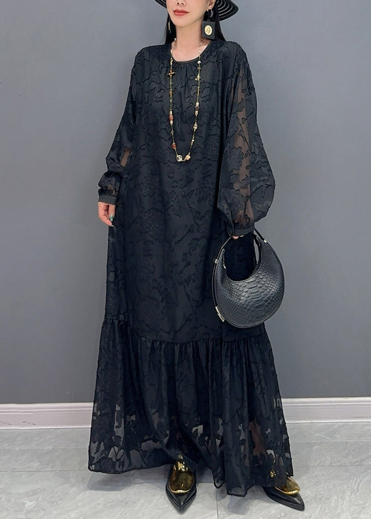 Black Tie Waist Long Dress O Neck Long Sleeve