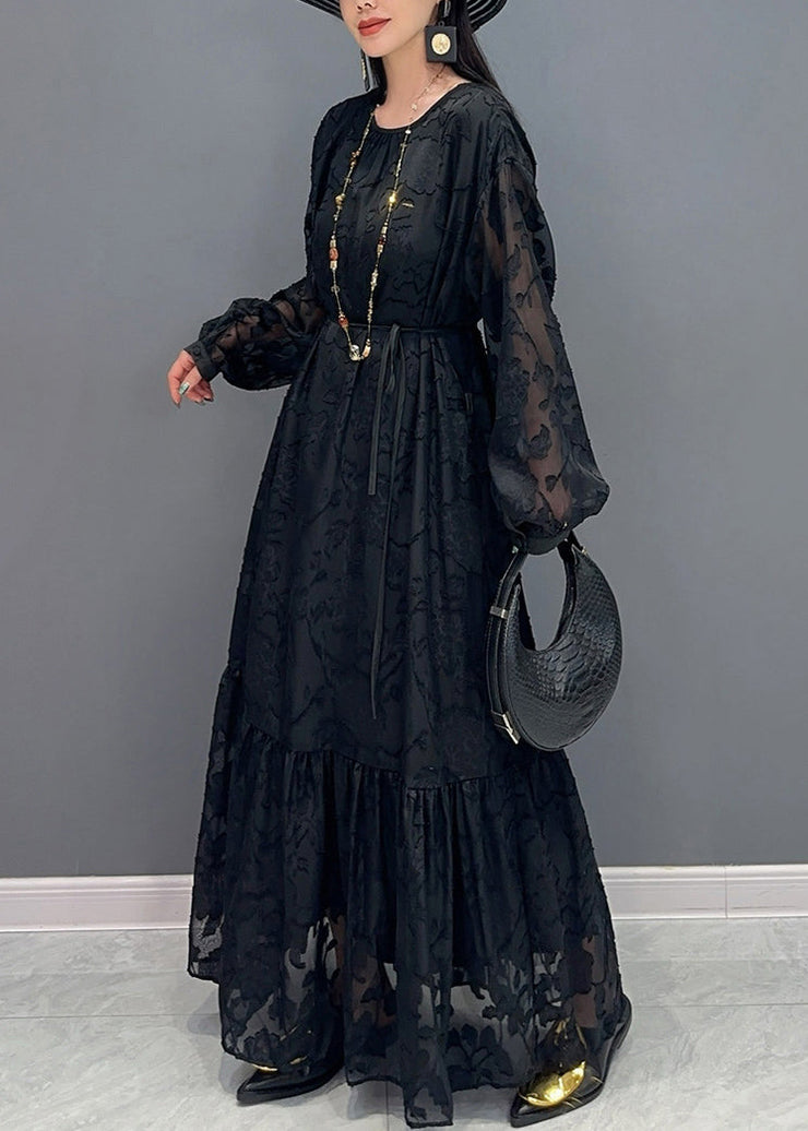 Black Tie Waist Long Dress O Neck Long Sleeve