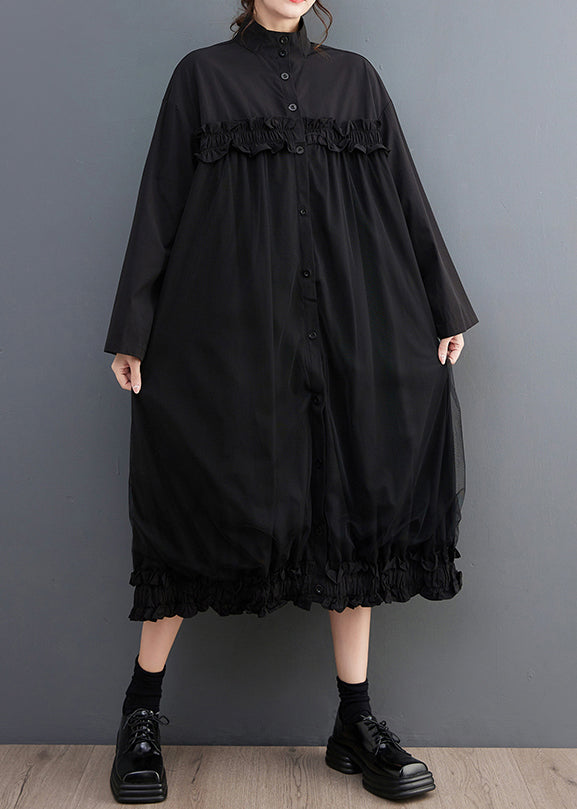 Black Tulle Button Patchwork Shirts Dress Stand Collar Long Sleeve