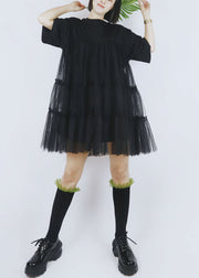 Black Tulle Patchwork Cotton A Line Dress O-Neck Short Sleeve