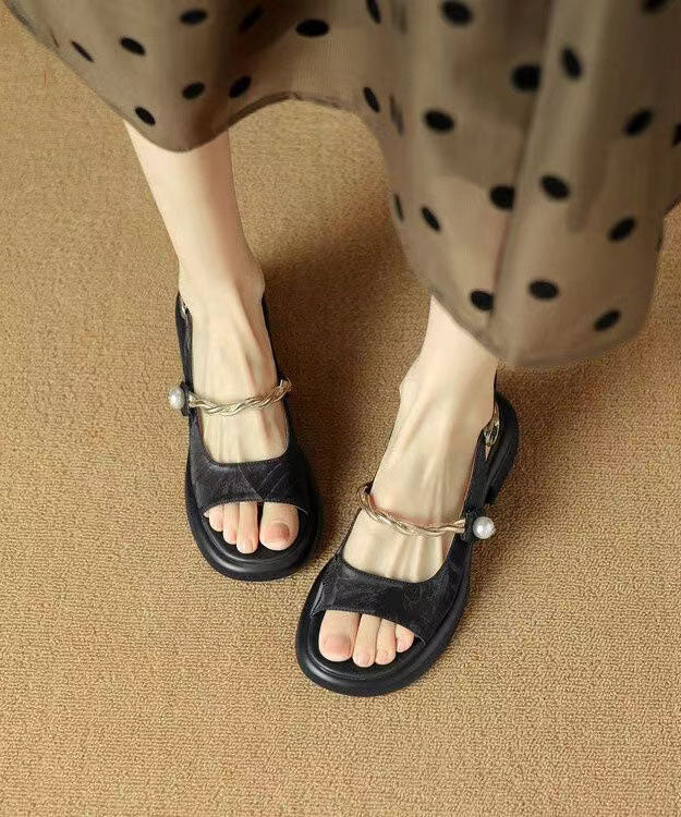 Black Unique Splicing Chunky Sandals Peep Toe Buckle Strap