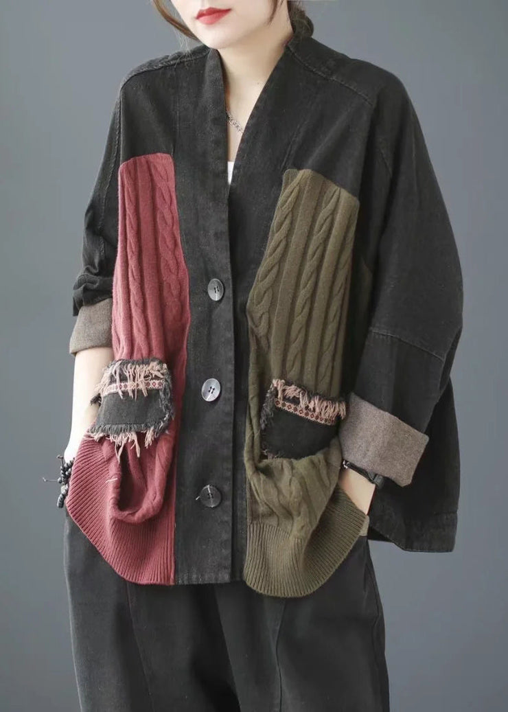 Black V Neck Button Knit Denim Coats Long Sleeve