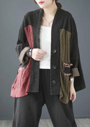 Black V Neck Button Knit Denim Coats Long Sleeve