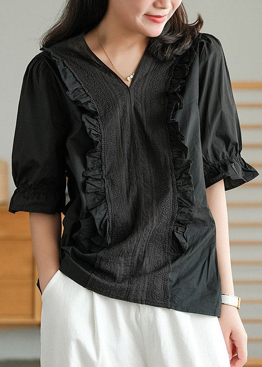 Black V Neck Button Linen T Shirt Half Sleeve