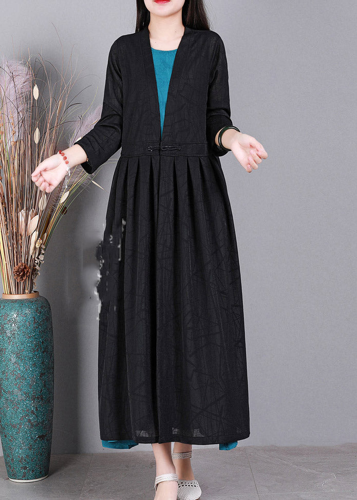 Black V Neck Solid Cinched Linen Cardigans Long Sleeve