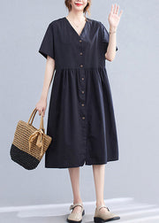 Black V Neck Wrinkled Cotton Long Dress Short Sleeve