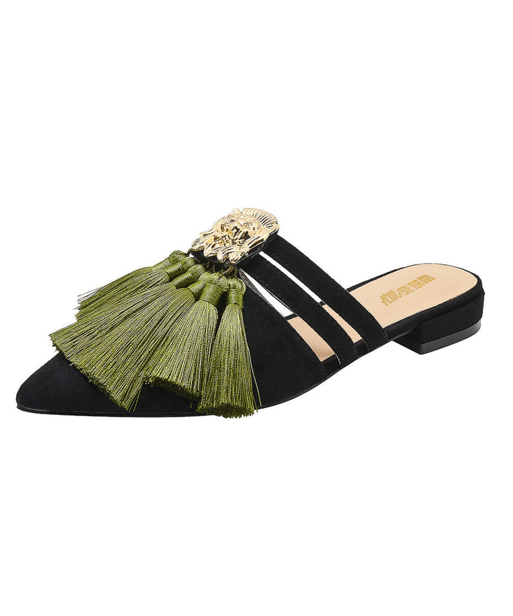 Black Velour Tassel Fashion Splicing Slide Sandals Pointed Toe