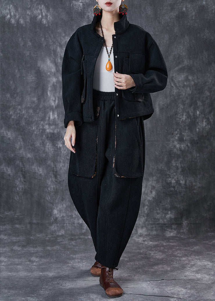 Black Warm Fleece Corduroy Two Piece Set Outfits Oversized Pockets Winter