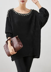 Black Warm Knit Sweaters Oversized Nail Bead Winter